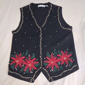 Victoria‎ Jones Ugly Christmas Poinsettias Beaded Embroidered Sweater Vest Sz M